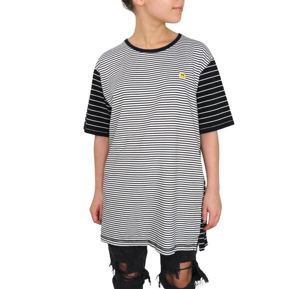 Urban Outfitters Smiley Face Happy Face Black & White Striped Crewneck T-Shirt - Picture 1 of 9
